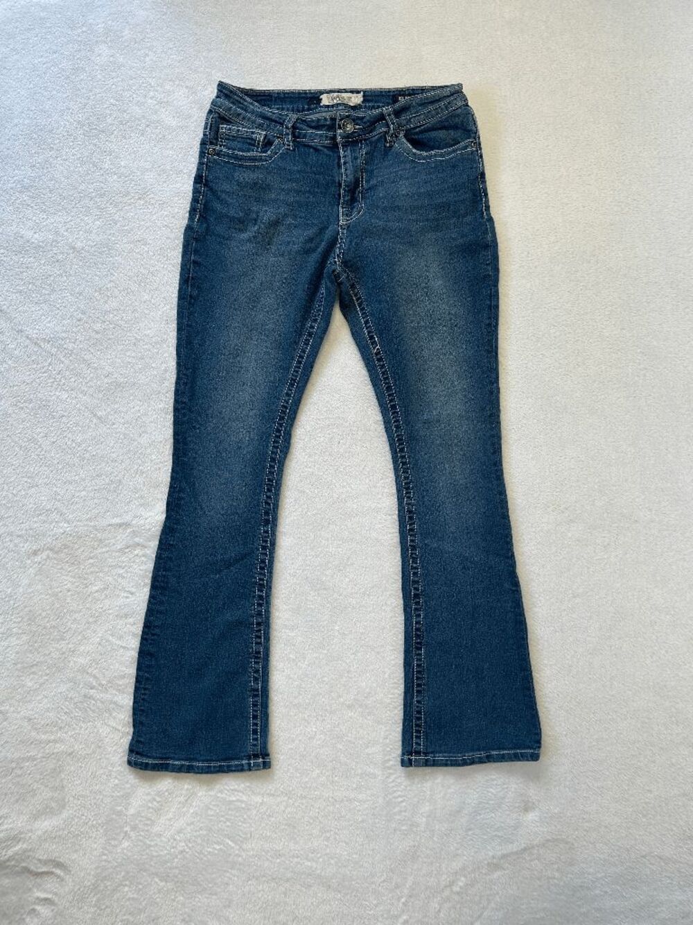 VGS Slim Boot Stretch Jeans Size 6 Thick Stitch Low Rise Boot Cut Medium Wash